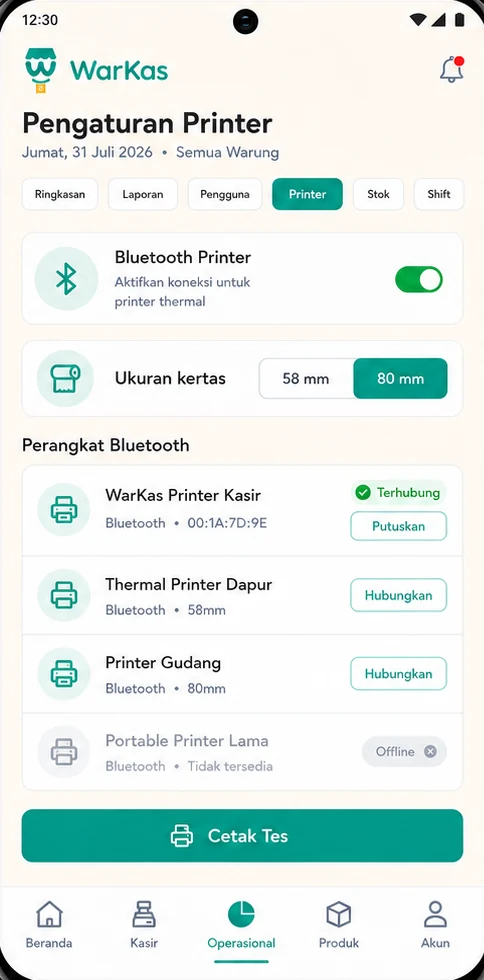 Halaman pengaturan printer WarKas
